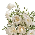 Elegant White Flowers Arrangement In White Vase With Green Leaves And Small Blossoms