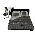 Modern Double Bed with Black Headboard Striped Bedspread Pillows Side Table and Wall Art 3d model
