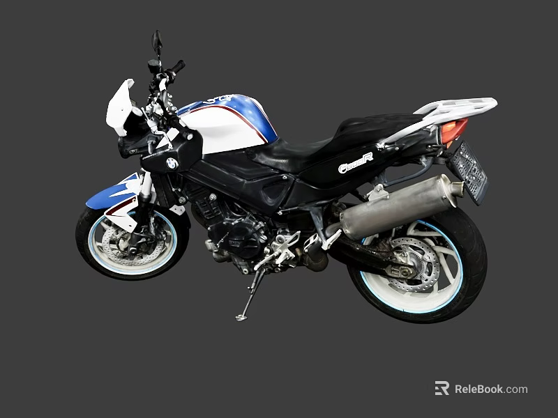 Blue And White Sport Motorcycle With Black Seat Silver Exhaust And Modern Body Design 3d model 
