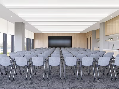 Modern Conference Room With Gray Chairs Large Black Screen And Wooden Walls 3d model