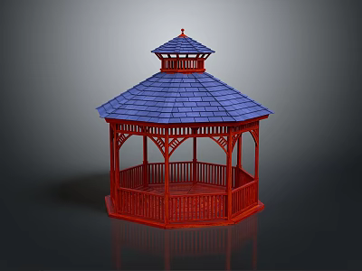 Red Wooden Hexagonal Gazebo With Blue Roof And Decorative Railings 3d model