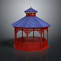 Red Wooden Hexagonal Gazebo With Blue Roof And Decorative Railings