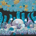 Colorful Underwater Themed Photo Spot With Blue Coral Decorations Wave Structures And White Sphere Lights