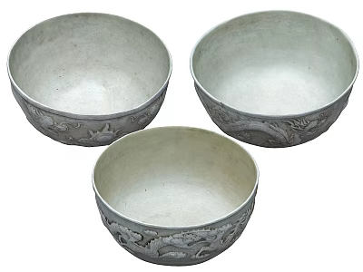 Tableware Set with Three Silver Bowls Featuring Dragon Carved Exterior Design 3d model