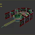 Complex 3D Model of Circular Structure With Green Red Components And Surrounding Modules