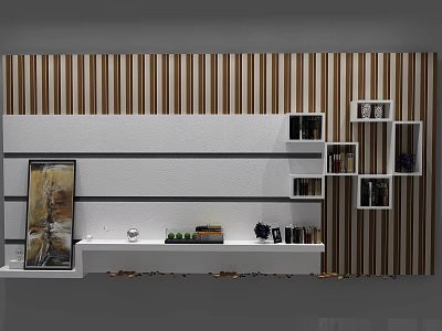 Elegant Modern TV Background Wall With Striped Design And Display Shelves 3d model