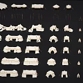 Multiple red and white tents arranged on black background with white structures nearby