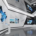 Tech Savvy Modern Exhibition Hall With Blue Display Screens Interactive Installations And Information Charts