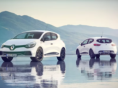 Two White Cars Parked By Water With Mountain View And Reflections 3d model