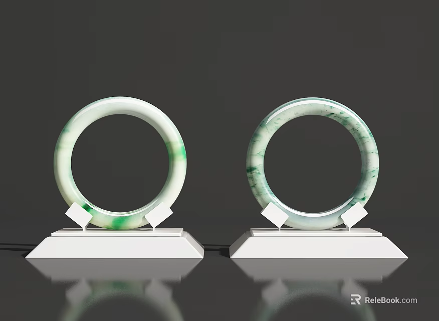 Elegant Jade Bracelets Jewelry Display With Green Patterns On White Stand 3d model 