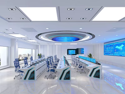 Modern Office Control Room Interior With Workstations Large Display Screens And Circular Ceiling 3d model