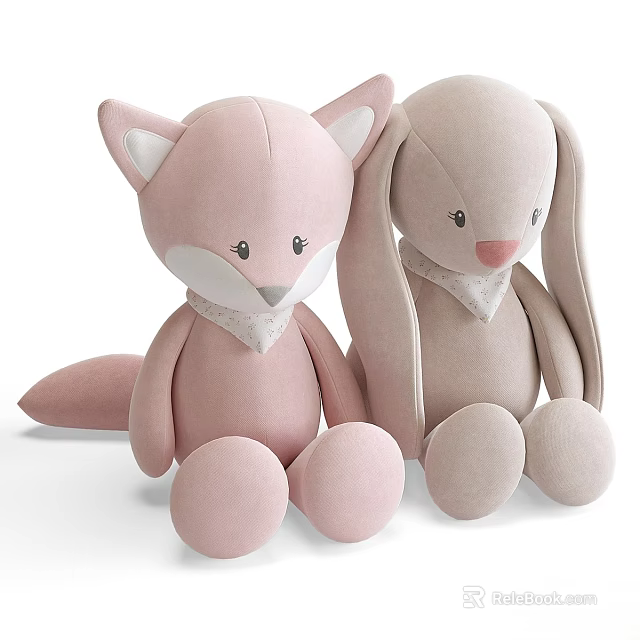 Adorable Pink Fox And Light Pink Rabbit Soft Plush Dolls With Bandana Sitting Together 3d model 