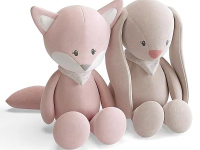 Adorable Pink Fox And Light Pink Rabbit Soft Plush Dolls With Bandana Sitting Together 3d model