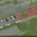 Urban Plaza Landscape With Surrounding Buildings Parking Area Circular Green Space And Pedestrians