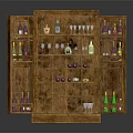 Wooden Wine Cabinet With Multiple Shelves And Assorted Wine Bottles And Glasses