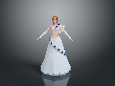 Elegant Detailed 3D Female Character In White Dress With Blue Gold Decorations 3d model