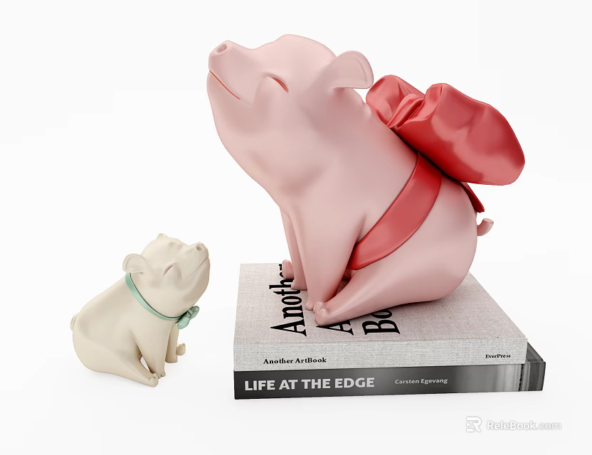 Decorative Ornaments Set Featuring Pink Pig With Red Bow Small Pig And Book 3d model 