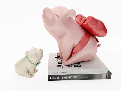 Decorative Ornaments Set Featuring Pink Pig With Red Bow Small Pig And Book 3d model