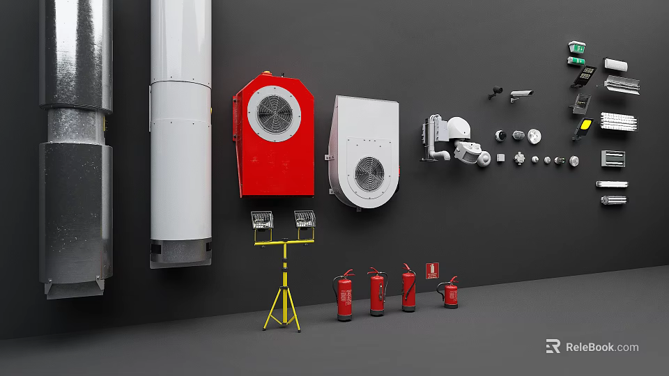 Various Fire Safety Equipment Including Extinguishers Cabinets Alarms And Wall Pipes 3d model 