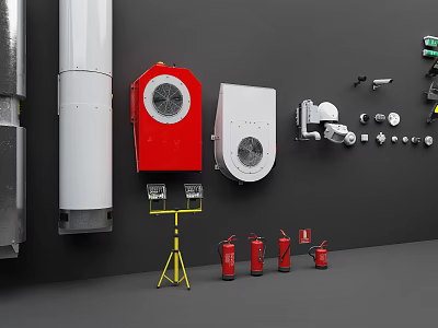 Various Fire Safety Equipment Including Extinguishers Cabinets Alarms And Wall Pipes 3d model