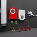 Various Fire Safety Equipment Including Extinguishers Cabinets Alarms And Wall Pipes