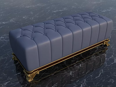 Blue Tufted Ottoman with Leather Upholstery and Gold Decorative Legs for Modern Living Space 3d model