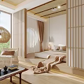 Serene Japanese Style Hotel Room Interior With Shoji Screens Rattan Pendant Light And Cozy Bed