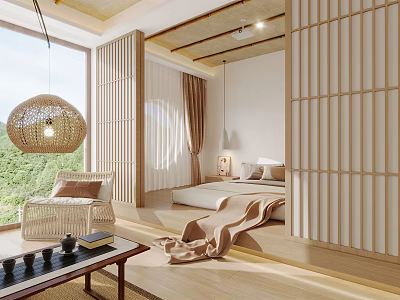 Serene Japanese Style Hotel Room Interior With Shoji Screens Rattan Pendant Light And Cozy Bed 3d model