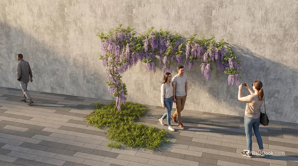 Wisteria Vine Archway Against Gray Wall On Paved Walkway With People Walking Taking 3d model 