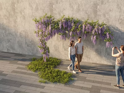 Wisteria Vine Archway Against Gray Wall On Paved Walkway With People Walking Taking 3d model