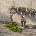 Wisteria Vine Archway Against Gray Wall On Paved Walkway With People Walking Taking