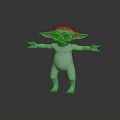 Green Creature with Large Ears and Big Eyes Standing with Outstretched Arms on Dark Background
