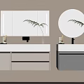 Modern Double Vanity With White And Gray Cabinets Round Rectangular Backlit Mirrors And Potted Plants 3d model