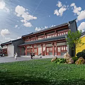 Traditional Chinese Ancient Architecture with Classic Roof Red Pillars Yellow Walls Greenery and Blue Sky