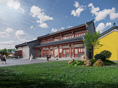 Traditional Chinese Ancient Architecture with Classic Roof Red Pillars Yellow Walls Greenery and Blue Sky 3d model