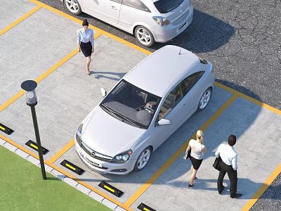 Parking Lot With White Cars People And Yellow Parking Lines 3d model