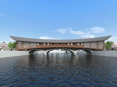 Traditional Arch Bridge With Curved Roof Over Water And Cherry Blossom Trees 3d model