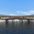 Traditional Arch Bridge With Curved Roof Over Water And Cherry Blossom Trees