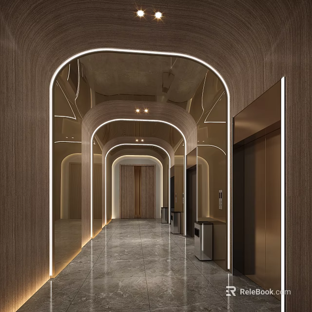Modern Elevator Hallway With Arched Design Wooden Walls And Marble Floor Lighting 3d model 
