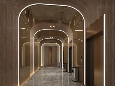 Modern Elevator Hallway With Arched Design Wooden Walls And Marble Floor Lighting 3d model