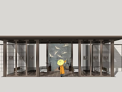 Chinese Style Landscape Pavilion With Grid Doors Flying Bird Decor And Yellow Clad Figure Standing 3d model