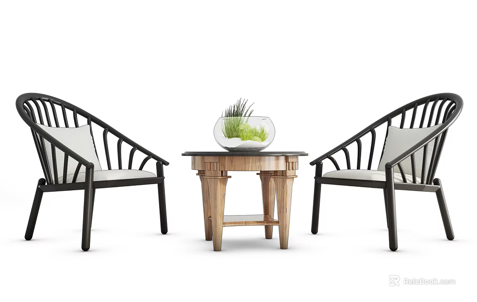 Modern Leisure Sofa Set With Black Frame White Cushions Wooden Coffee Table And Green Plants 3d model 