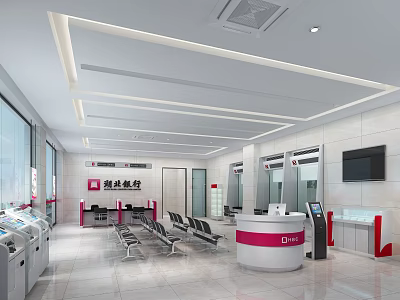 Bright Modern Bank Interior With ATM Machines Waiting Seats And Service Counter 3d model
