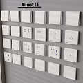 White Switch and Socket Panels Multiple Types Arranged on Gray Wall for Home Electrical Use 3d model