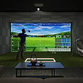 Indoor Golf Simulator Sports Fitness Training With Man Swinging Club On Virtual Course