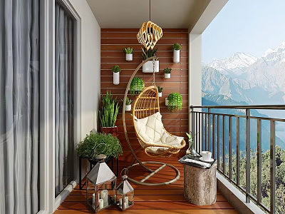 Villa Balcony With Cozy Hanging Chair Wooden Flooring Potted Plants And Scenic Mountain View 3d model