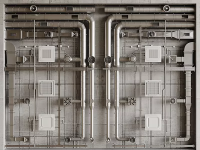 Industrial Ceiling Design With Exposed Metal Pipes Ventilation Grilles And Structural Frames 3d model