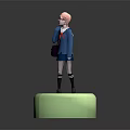 Pink Haired 3D Character In Blue Uniform With Red Bowtie And Purple Bag On Green Circular Base
