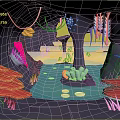 Vibrant Cartoon Scene With Glowing Mushrooms Water Area And Fantastic Plants In Cave Environment