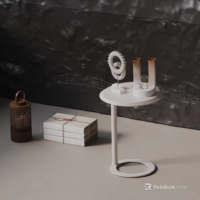 White Round Side Table With Decorative Ornaments Brown Lantern And Stacked Books 3d model 
